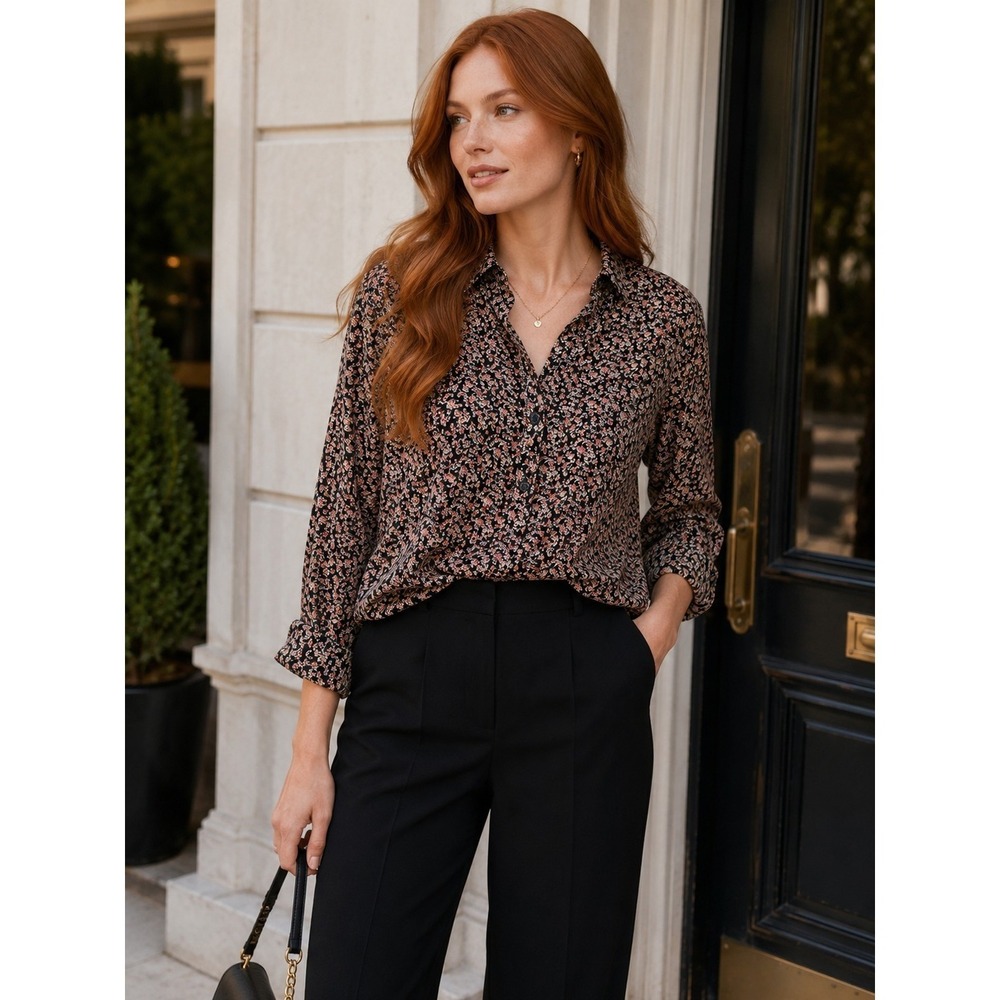 Pleione Anthropologie Black Floral QuarterButtonUpBlouse SzS Chic TravelFriendly